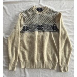 Crown & Ivy Mens Lambswool Crewneck Sweater Cream Navy Blue Small